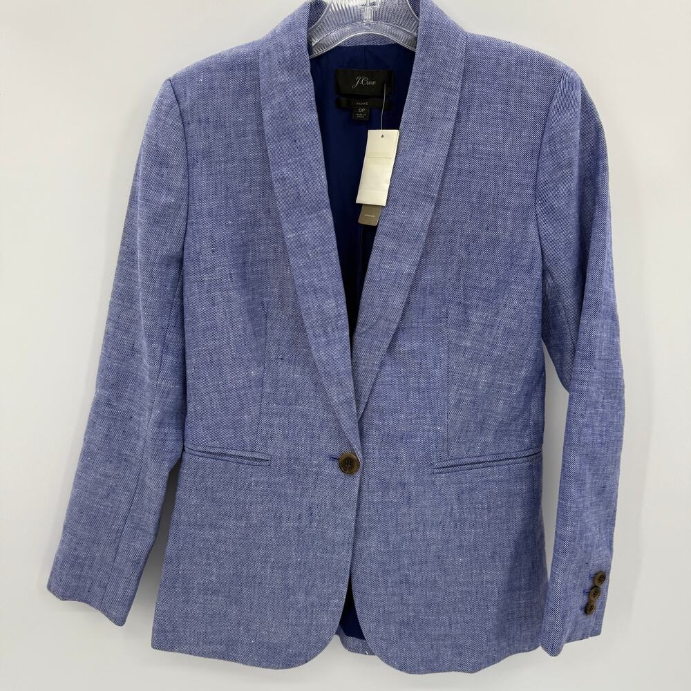 New J. CREW Womens Blazer Jacket Linen Blend Size 0P Blue Single Button Office